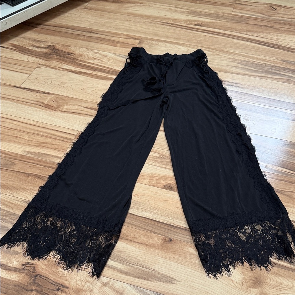 POL Black Wide-Leg Lace Pants